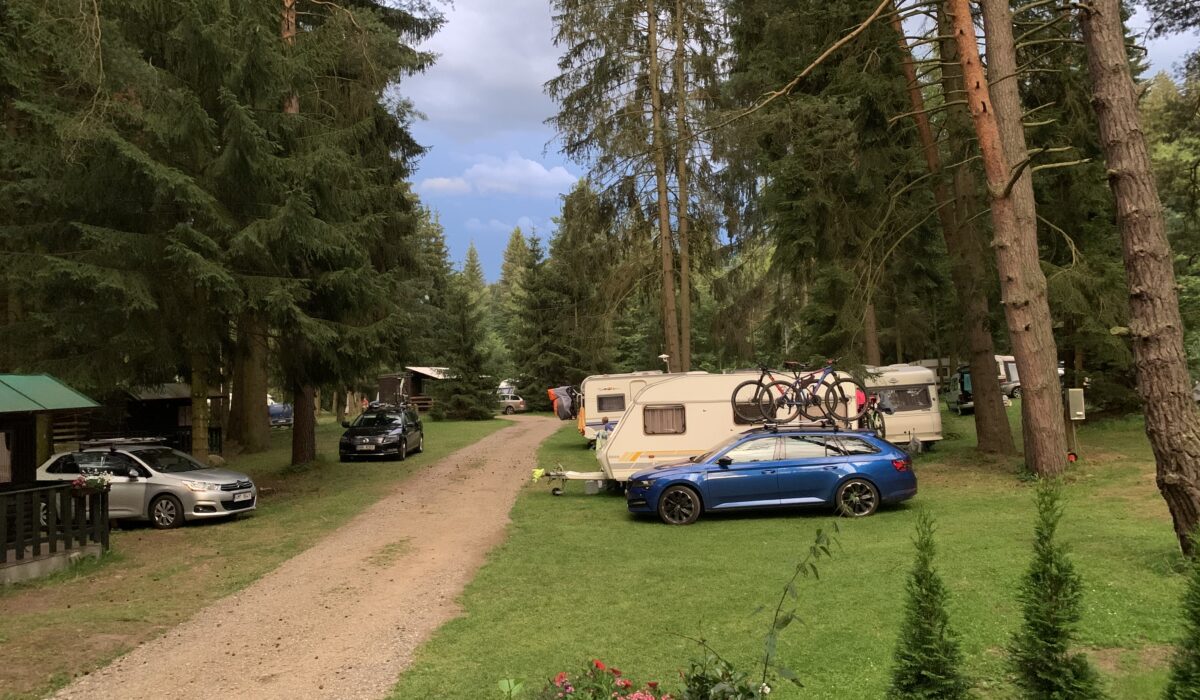 Karavany, obytný vozy, přípojky pro obytný vozy, stromy camping, kemp